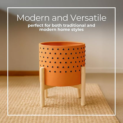Dotted Decorative Planter Pot with Wood Stand – Vibrant Ceramic Stoneware Outdoor and Indoor Plant Pot – Modern Garden and Home Decor Planters – 10" x 11", Orange