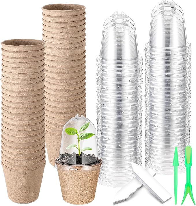 Baderke 120 Pcs Biodegradable Nursery Pots with 30 Humidity Dome and 30 Labels, 2.36" Plant Nursery Seed Starter Planter Biodegradable Peat Pots for Planting Seedlings, Vegetables (Round)