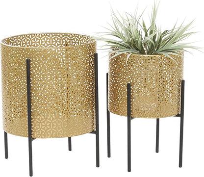 CosmoLiving by Cosmopolitan Metal Indoor Outdoor Planter Floral Cutout Small Planter Pot with Removable Stand, Set of 2 Planters 15", 14"H, Gold