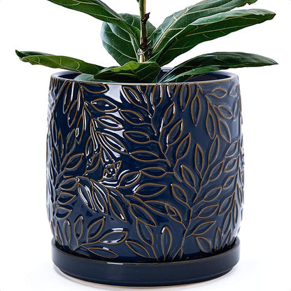 D'vine Dev 10 Inch Embossed Leaves Stoneware Planter Pot with Drainage Hole and Saucer, Midnight Blue, 27-A-P-3