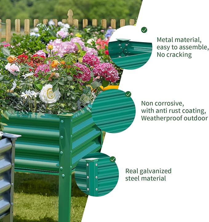 Land Guard Galvanized Raised Garden Bed with Legs, 96×24×32in Raised Garden Beds Outdoor with Drainage Holes, Planter Boxes Outdoor for Backyard, Patio, Balcony, 1200lb Capacity, Green