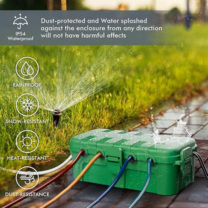 RESTMO Outdoor Electrical Box, IP54 Weatherproof Extension Cord Cover with 6 Cable Entry Ports, Waterproof Connection Box Protect Power Strip, Timer, Plug, Holiday Lights, (11.5x5.2x4 inch), Green