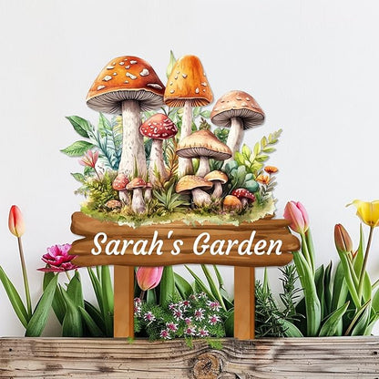 Custom Mushroom Garden Sign with Stakes, Personalized Metal Mushroom Garden Stake Sign, Colorful Mushroom Vintage Art Garden Name Sign Outdoor Yard Art Address Sign Garden Decor for Outside