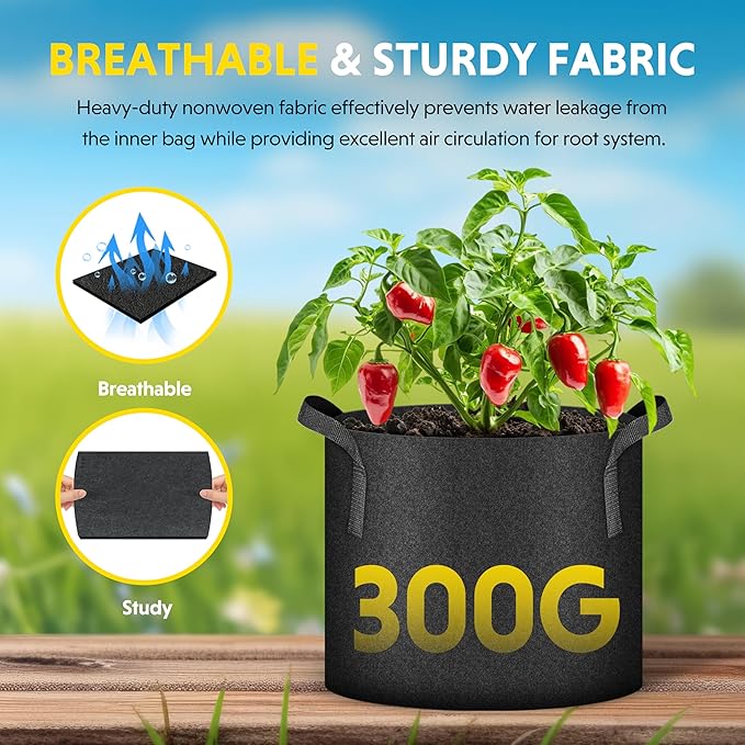 iPower 5-Pack 25 Gallon Plant Grow Bags Thickened Nonwoven Aeration Fabric Pots Heavy Duty Durable Container, Strap Handles for Garden, Black