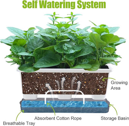 Window Box Planter 8 Pcs, 17 Inches Rectangle Flower Pots with Drainage Holes & Trays, Vegetable Planters for Windowsill Patio Garden Balcony Home Indoor Outdoor (White, 16 * 7 * 6 inch)