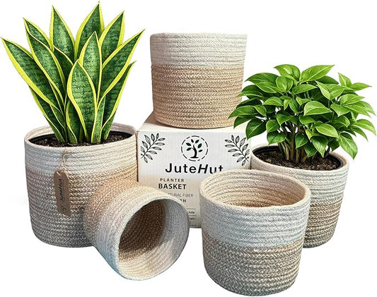 Planter Basket Set – 5-Piece Handwoven Jute Planter Basket for Home Decor, Nursery, or Indoor Plants (5'' to 8'' Diameter, 4.75'' to 7.75'' Height) – Fold & Wrinkle Free - Speckled Gray with White Top