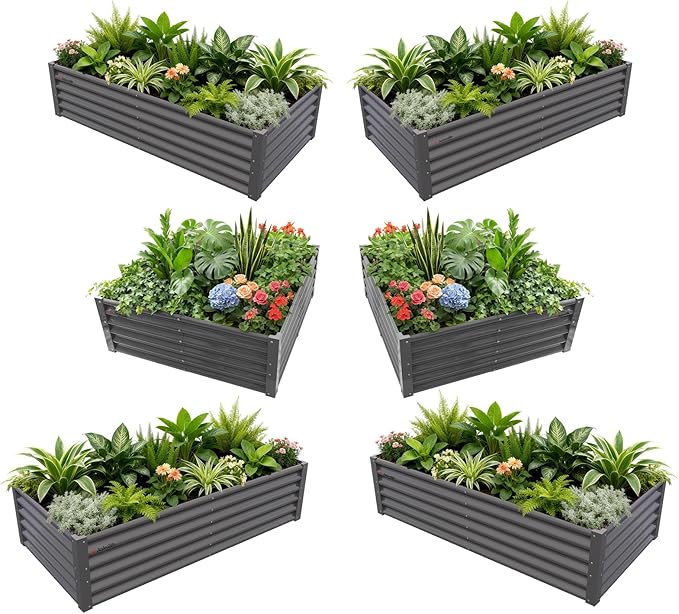 A ANLEOLIFE 6-Piece 18 Inch Tall Quartz Grey Raised Garden Beds Kit, Rectangular & Square Metal Planters for Structured Garden Layouts