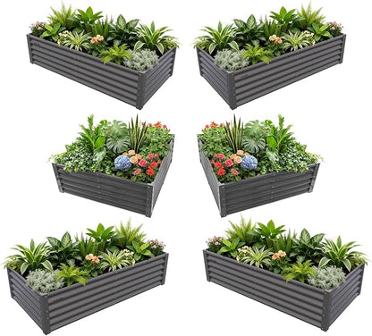 A ANLEOLIFE 6-Piece 18 Inch Tall Quartz Grey Raised Garden Beds Kit, Rectangular & Square Metal Planters for Structured Garden Layouts