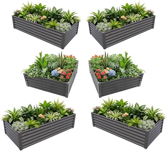 A ANLEOLIFE 6-Piece 18 Inch Tall Quartz Grey Raised Garden Beds Kit, Rectangular & Square Metal Planters for Structured Garden Layouts