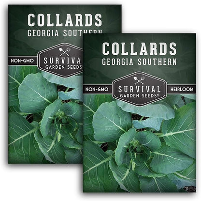 Collard Green Seeds for Planting | Georgia Southern Heirloom Non-GMO Variety | Leafy Greens for Home Vegetable Gardens - Survival Garden Seeds (2 Packs)
