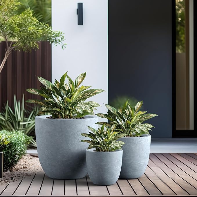 Kante Round Concrete Planter Set of 3, Large Outdoor Indoor Plant Pots with Drainage Hole, 10/14/18-Inch Diameter Flower Pots for Patio, Garden and Home, Slate Gray