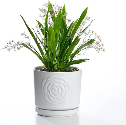Ekirlin 7 Inch Indoor Plant Pots, White Ceramic Flower Planters, Modern Style Succulents Containers with Drain Hole & Saucer Tray, Weatherproof Pot for Decorate Home,Office & Outdoor (Rose Design)