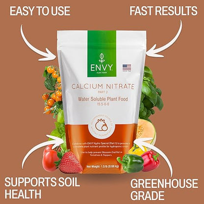 ENVY Solution Grade Calcium Nitrate (15-0-0) Prevents Blossom End-Rot from Calcium Deficiency in Tomatoes & Peppers (1.5 lb)