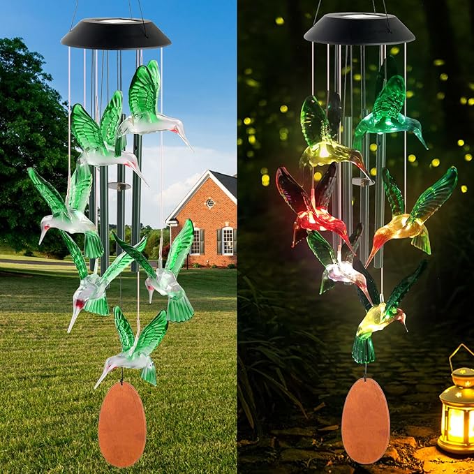 Solar Hummingbird Wind Chime Outdoor Color Changing, Garden Decor, Grandmother Gift, mom Gifts, Hummingbird Gifts, Birthday Gift for mom, Wind Chimes Outdoor Outside.