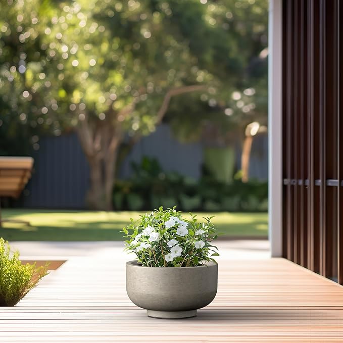 Kante 13.8 Inch Dia Concrete Bowl Planter, Large Tapered Bottom Plant Pot with Drainage, Smooth Weathered Concrete Finish with Painted Interior, Ideal for Porch, Home, Garden, Patio