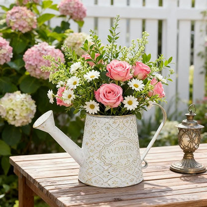 Vintage White Metal Flower & Garden Watering Can, Rustic Farmhouse Decorative Watering Pot Planter for Home Patio Backyard Outdoor Plant Care