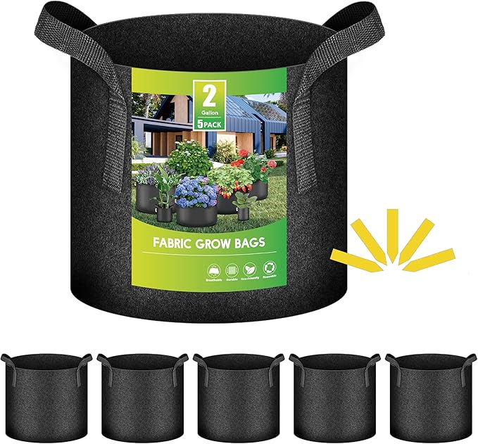 iPower 5-Pack 2 Gallon Plant Grow Bags Thickened Nonwoven Aeration Fabric Pots Heavy Duty Durable Container, Strap Handles for Garden, Black New