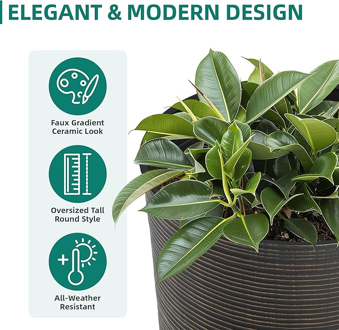 23.5"H Tall Pot Planters, 2-Pack Taper Large Flower Pots for Indoor Outdoor Use, UV-Protect PP Plant Container for Garden Patio Yard Balcony Porch or Home Decor, Bronze Vertical Stripes Texture