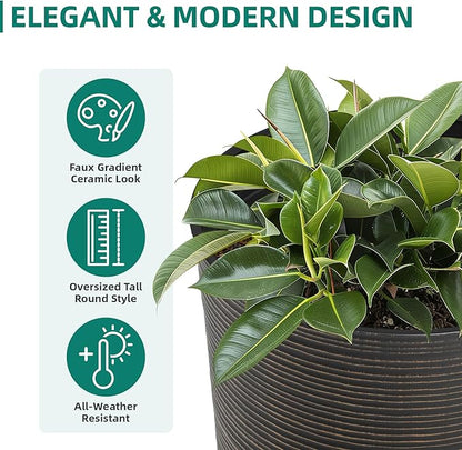 23.5"H Tall Pot Planters, 2-Pack Taper Large Flower Pots for Indoor Outdoor Use, UV-Protect PP Plant Container for Garden Patio Yard Balcony Porch or Home Decor, Bronze Vertical Stripes Texture