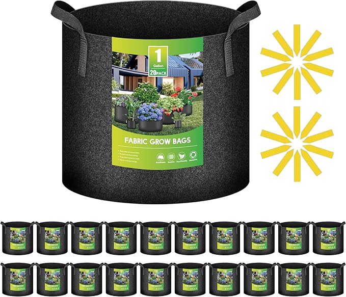 iPower 20-Pack 1 Gallon Grow Bags 300G Thick Nonwoven Aeration Fabric Pots Heavy Duty Plant Containers with Handles for Garden Planting, Black