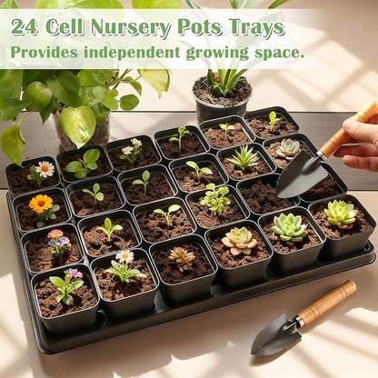 5 Pack 24 Cell Nursery Pots Trays with 3 inch Square Nursery Pots 120pcs (Black), Plastic Seed Starter Tray with Drain Holes for Carrying and Holding Plant Pot(17"x11"x1.6")