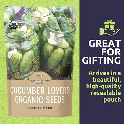 Organic Cucumber Seeds Variety Pack - 5 Individual Packs - 2026 Season - Marketmore 76, Sweet Burpless, Boston Pickling and More! for Indoor & Outdoor Planting (Non-GMO, Certified Organic)