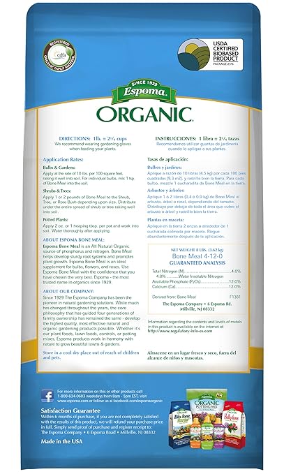 Espoma Organic Bone Meal Fertilizer 4-12-0. All-Natural Plant Food Source of Nitrogen and Phosphorus for Organic Gardening. for Bulbs & Other Flowering Plants. 8 lb. Bag. Pack of 1