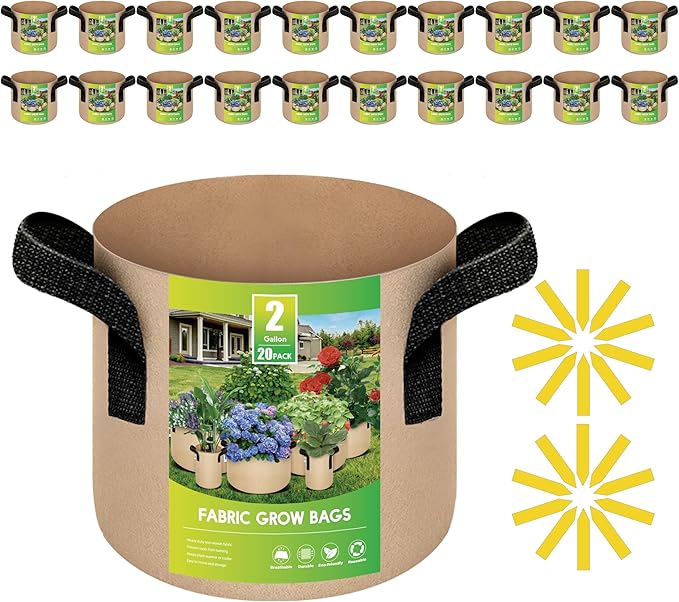 iPower 20-Pack 2 Gallon Grow Bags 300G Thick Nonwoven Aeration Fabric Pots Heavy Duty Plant Containers with Handles for Garden Planting, Tan