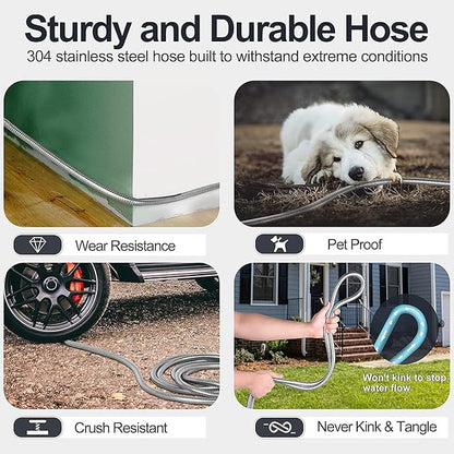 SPECILITE 15FT Short Garden Hose, 1/2" 304 Stainless Steel Leader Hose with Female to Female Brass Fittings, Flexible, Heavy-Duty & Never Kink, Water Pipe for Yard, Outdoor, Lawn