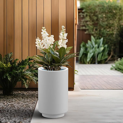 Kante 20.1 Inch Tall Concrete Planter, Round Pedestal Design Garden Pot for Indoor Outdoor Plants, Modern Garden Pot with Drainage Hole, White Finish with Painted Interior