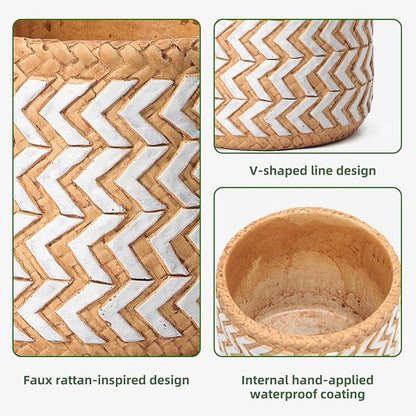 Concrete Rattan-Style Plant Basket Planter, 5" Outdoor Indoor Plant Pots with Drainage Hole, Boho Flower Pot for Succulents, Herbs, Modern Farmhouse Decor, Ideal Gift for Plant Lovers
