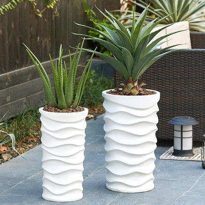 LuxenHome Tall Planters for Outdoor Plants, Set of 2 Indoor Outdoor Garden Plant Pots with Drainage Hole and Rubber Plug, Modern White Waves Flower Pot Concrete Planters for Home Garden Patio Porch