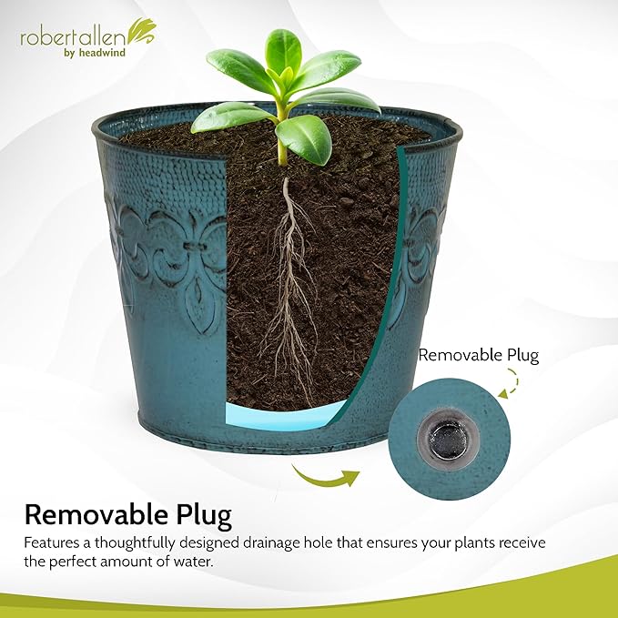 Robert Allen MPT01890 Fluer De Lis Series Metal Planter Flower Pot, 6", Color Surf Blue