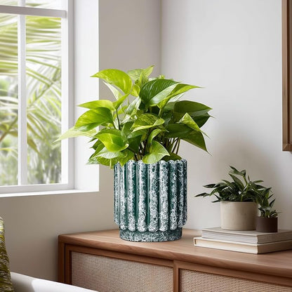 Ceramic Flower Pots 7.6 Inch - Ceramic Planters for Indoor Outdoor Plants, Decorative Plant Pot with Drainage Hole, Round Fluted Planter, Home Room Decor, Housewarming Gifts, Green