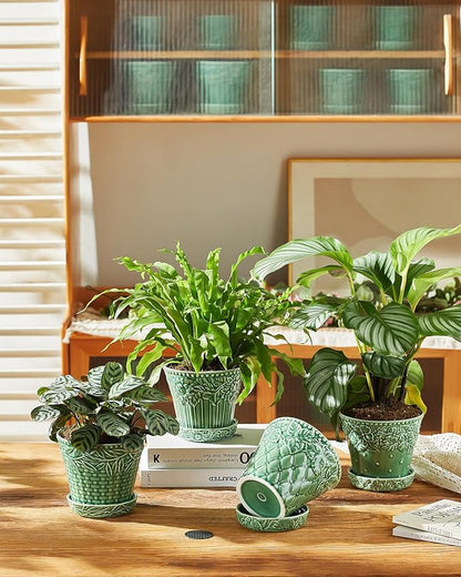 Ceramic Plant Pots, 5.8 Inch Flower Pots for Indoor Plants, Planters with Drainage Hole & Saucer, Green Planters for Succulent, Orchid, Cactus, Home Decor, Set of 4, Green