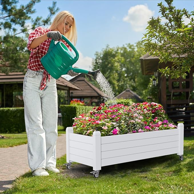 EasyUp Horticulture Garden Planter Box, Divisible Resin Planter Box for Backyard, Patio, Balcony, with 4 Legs and 4 Swivel Lockable Wheels(Ashen,43.31 * 17.72 * 17.56)