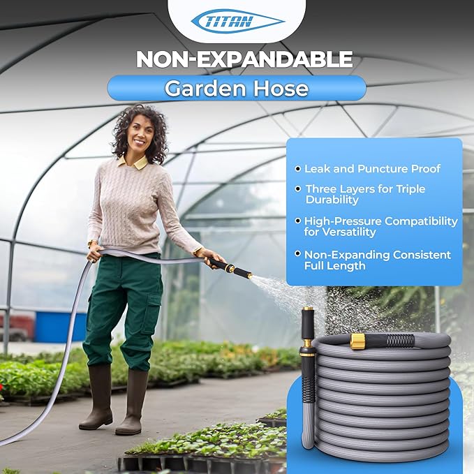 TITAN Garden Hose | Flexible, Lightweight, Kink-Free & Durable Hybrid Water Hose with Heavy Duty Brass Connectors & High-Pressure Jet Nozzle (50FT x 5/8”)