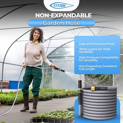 TITAN Garden Hose | Flexible, Lightweight, Kink-Free & Durable Hybrid Water Hose with Heavy Duty Brass Connectors & High-Pressure Jet Nozzle (100FT x 5/8”)