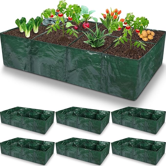 Woanger 6 Pcs Plastic Raised Garden Bed 35 Gallon Raised Planting Bed with 8 Divided Grids 8 Drainage Holes for Fruits Flowers Potato PE Fabric Rectangle Garden Containers for Vegetables Outdoor