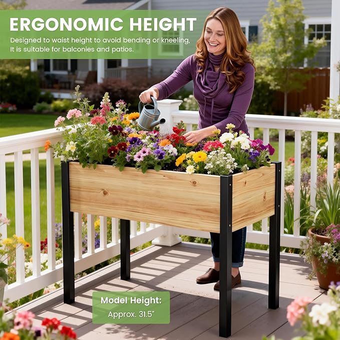 DoCred Raised Garden Bed, 45.7" x 22.8" x 31.5" Large Elevated Wooden Horticulture Planter Box with Metal Legs Standing Growing Bed Planter for Gardening, Balcony, Backyard, Patio
