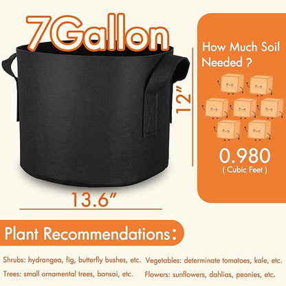Gardzen 6-Pack 7 Gallon Grow Bags, 500G Thickened Aeration Fabric Pots with Handles, Heavy Duty Cloth Pots for Plants