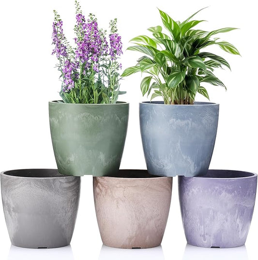 5 Pack Flower Pots 5 Inch Outdoor Plant Pots for Indoor Marble Pattern Plastic Tree Planters with Drainage Holes Gardening Gifts for Patio Home Garden Desk Decoration