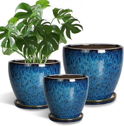 Plant Pots Indoor, Ceramic Planters Pots with Drainage Holes and Saucers, 10+8+6 Inch, Set of 3, Round Large Flower Pots for Indoor Outdoor Plants, Blue