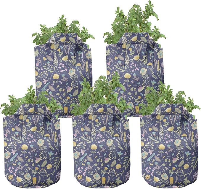 Lunarable Garden Grow Bags 5-Pack, Herbs Leaves Petals, Heavyduty Fabric Pots with Handles for Plants, Purple Yellow