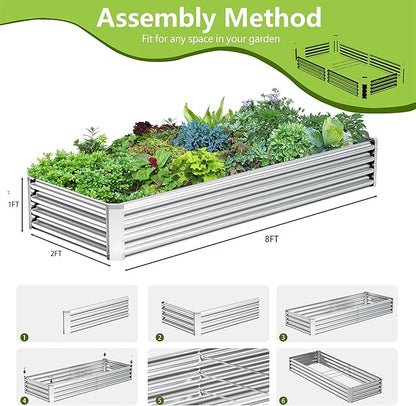 2PCS 8x2x1FT Galvanized Raised Garden Bed Kit, Galvanized Planter Raised Garden Boxes Outdoor, Large Metal Raised Garden Beds for Vegetables-Silver