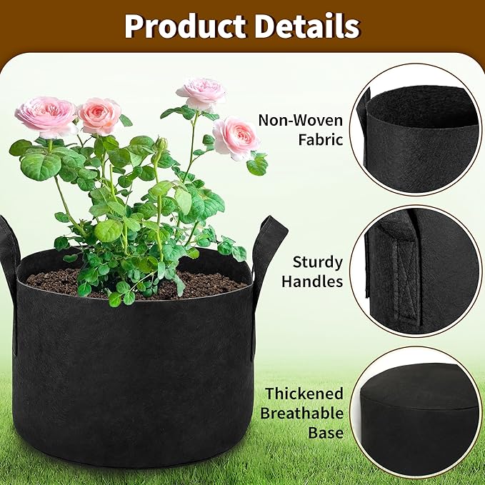 12 Pack 1 Gallon Grow Bags, Heavy Duty 300g Nonwoven Fabric Plant Pots with Reinforced Handles, Breathable Potato Grow Bags for Vegetables, Herbs, Seedlings - Black