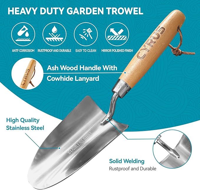 CYRUS Garden Shovel 12.6”Stainless Steel,Small Shovels for Gardening with Ash Wood Handle,Hand Shovel Garden Spade Potting Soil Scoop for Planting,Transplanting