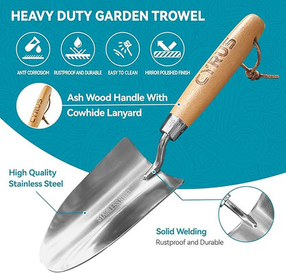 CYRUS Garden Shovel 12.6”Stainless Steel,Small Shovels for Gardening with Ash Wood Handle,Hand Shovel Garden Spade Potting Soil Scoop for Planting,Transplanting
