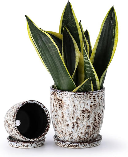 4+5.75 Inch Ceramic Planter Set of 2 with Drainage Hole and Saucer for Plants, Indoor-Outdoor Large Round Succulent Orchid Flower Pot -Reactive Glaze Speckled(Inner-pots not Larger Than 5 Inch)