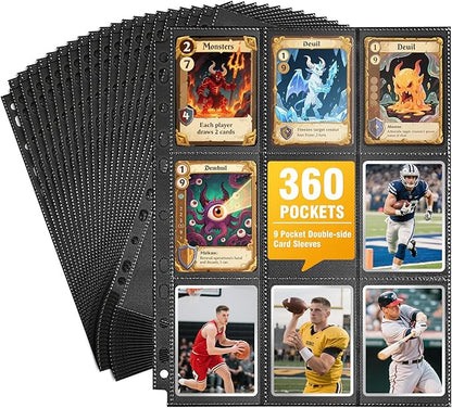 20 Pack 360 Pockets Black Trading Card Sleeves Binder Sheets, Double Sided Thicken Game Card Sleeves for 3 Ring Binder, 9 Pocket Side Loading Page Protector for MTG, Yugioh, Game, Baseball Cards